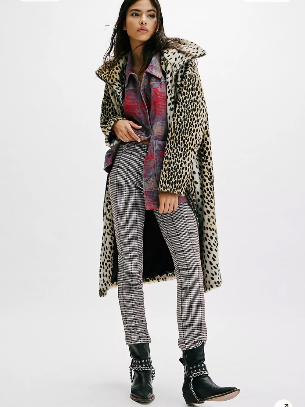 Free People Molly Slim Plaid Pants Black & White Glen Plaid Chinos